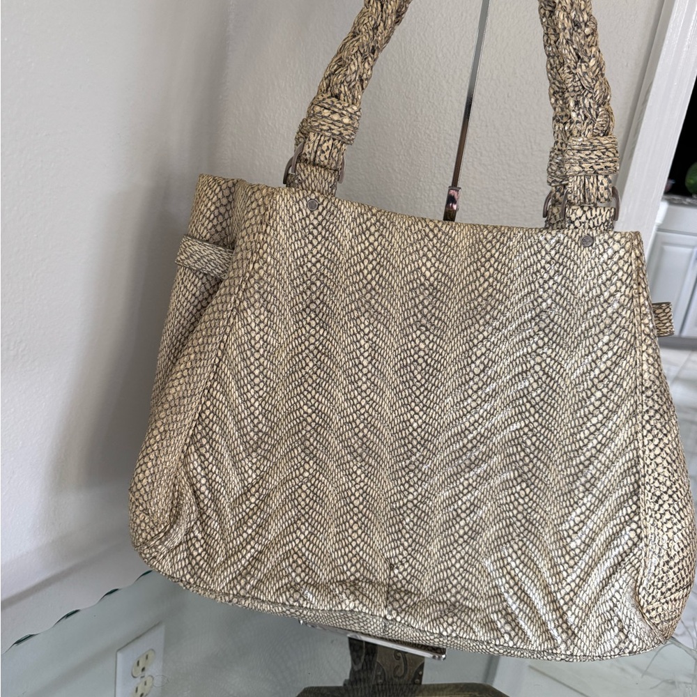 COLE HAAN Beige Snake Embossed Leather Shoulder Bag/Tote with Braided Handles
